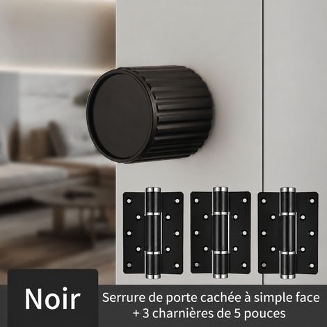 Serrure de porte invisible noire avec 3 charnières hydrauliques bouton sphérique noir 3 pièces 26 × 19 × 6,5 cm 3 kg – Livraison gratuite