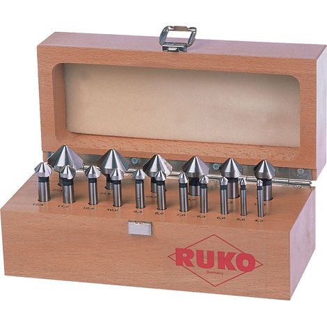RUKO Juego de avellanadores cónicos y desbarbadores DIN 335 Forma C 90° HSS en caja de madera - 17 piezas - 102155