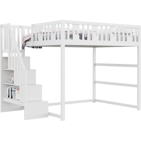 Cama Alta Cama Doble con Escalera, Estantes y Barandilla, 140 x 200 cm, sin Colchon, Blanca (1/5)