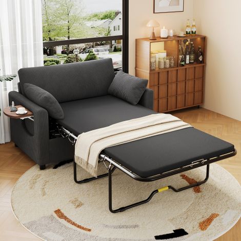 Canapé-lit extensible 2 places avec fonction couchage, port de charge USB, tablette latérale rabattable, matelas, deux draps et deux oreillers — Idéal pour les salons et les appartements (Gris)