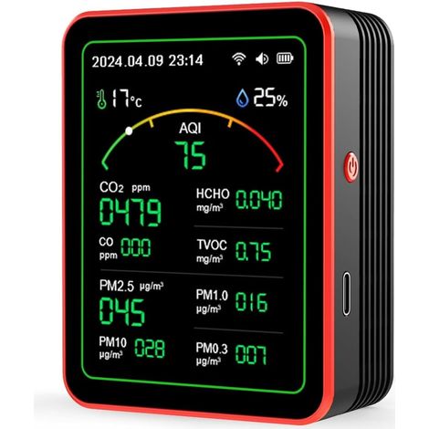Monitor della qualità dell'aria interna, tester intelligente 15 in 1 per la qualità dell'aria con PM, CO2, CO, TVOC, HCHO, PM, AQI, temperatura e umidità, timer, visualizzazione in tempo reale, alimen