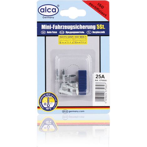 alca® Mini-Sicherungen 25A 5St. Blister 32 V transparent Mini Flachsicherung Stecksicherung für Fahrzeuge Auto Motorrad Wohnwagen Camper Moped