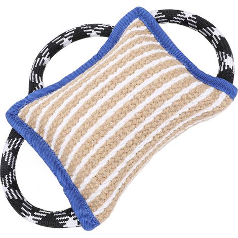 Tapis de morsure avec 3 poignées solides, en jute, résistant aux déchirures, jeu interactif pour chien, jouet à tirer pour adulte, bleu (1/5)