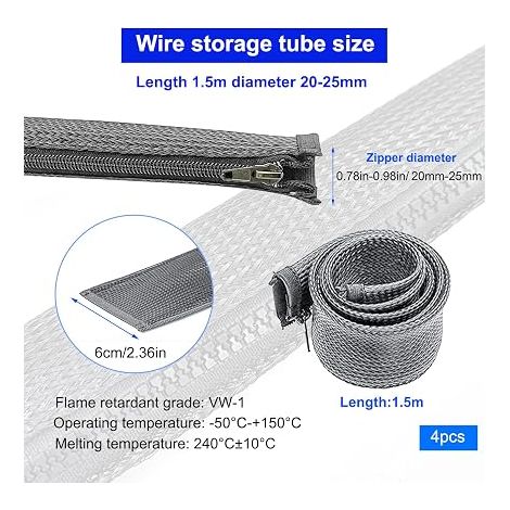 Cable Sheath Covers 1.5 m for Office Management, Hide Storage Protection Cables Diameter 2-2.5 cm, Zip Wire Cover for TV, PC, USB (1/4)