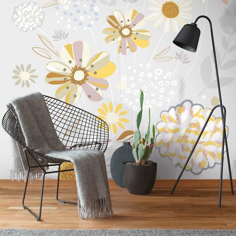 Fototapete Profhome 392101 heißgeprägte Vliestapete glatt mit Blumen-Muster matt grau gelb beige weiß 1,59 m x 2,8 m