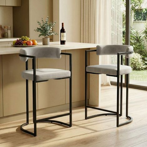 Wahson Velvet Bar Stools 2Pcs – Modern Counter Chairs for Kitchen, Home Bar & Restaurant, Gray