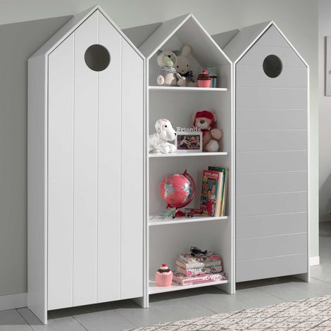 Ensemble 2 armoires enfant blanc & gris et 1 bibliothèque blanche bois laqué Camila (1/5)