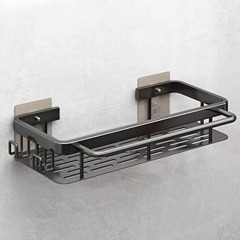 Porte Eponge Evier Cuisine Organisateur, Auto-adhésif Étagère Rangement en Aluminium pour Savons, Éponges, Brosses, Multifonction Égouttoir avec 2 Crochets et Étagère à Serviettes, Noir (1/4)