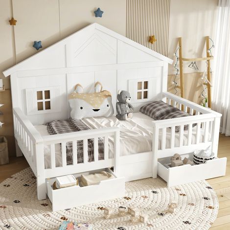 Lit cabane enfant 90x200 cm avec 2 tiroirs - avec des balustrades et des fenêtres - bois massif + MDF - Blanc (sans matelas)