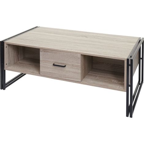 Table basse deux tiroirs et quatre compartiments de rangement 45x110x60 cm MDF aspect chêne et métal 040008424 (1/5)