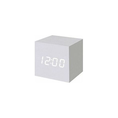 sveglia digitale a LED in legno, orologio digitale cubico con visualizzazione di data e temperatura, alimentazione tramite USB/batteria (bianca) (1/4)