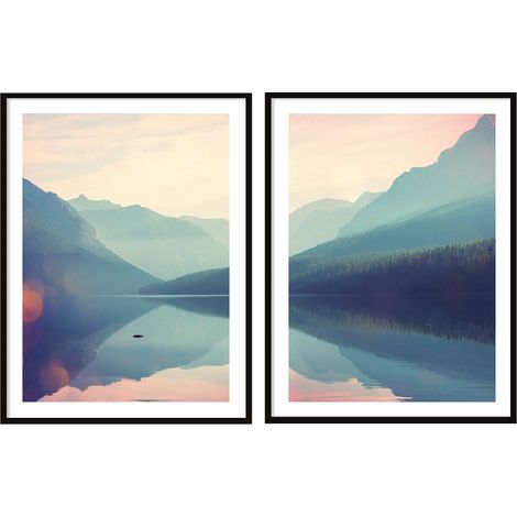 BILDPOSTER IM RAHMEN 53x73cm Diptychon 2er-Set Gemälde Berge See P2078 (1/3)
