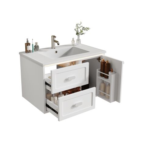 Lavabo intégré blanc 76x46x51cm, meuble suspendu de salle de bain entièrement laqué, éclairage LED à détecteur radar, deux tiroirs à glissières silencieuses (1/5)