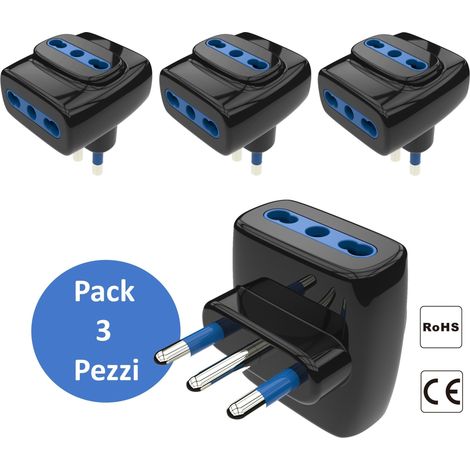 Aigostar Set 3 Adattatori Tripla Spina 3 Vie Bipasso 16A 1500W Nero