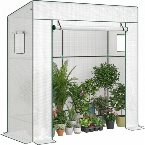 Serre de jardin murale adossée avec 1 porte enroulable, bâche PE renforcée, 2 fenêtres, dim. 196L x 77l x 197/178H cm (1/5)