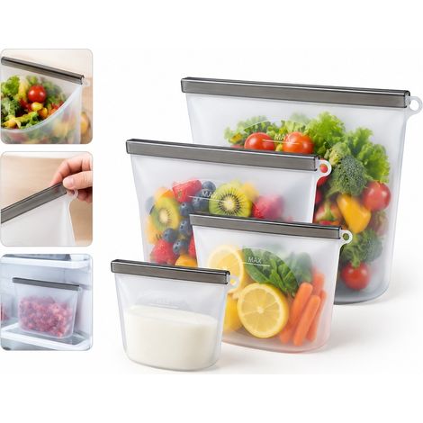 4 Pièces 500 à 3000 ml Ensemble de Sacs de Conservation en Silicone Transparent Cuisine Réfrigérateur Congélateur Domicile (1/5)