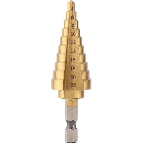 1 foret étagé, acier rapide 4241 revêtu de titane, queue hexagonale 1/4", diamètres 4 à 22 mm, pour métaux tendres et bois fin (1/4)