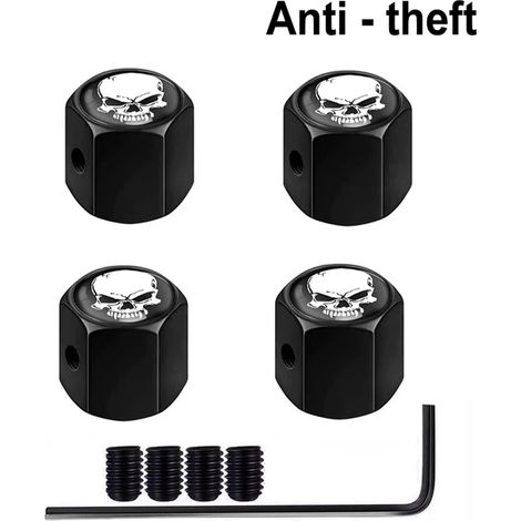 (Crâne noir et blanc) 4 bouchons de valve antivol pour pneus de voitures, camions et motos. Bouchon de valve en forme de doigt d'honneur, joint anti-poussière et verrouillage étanche. (1/5)