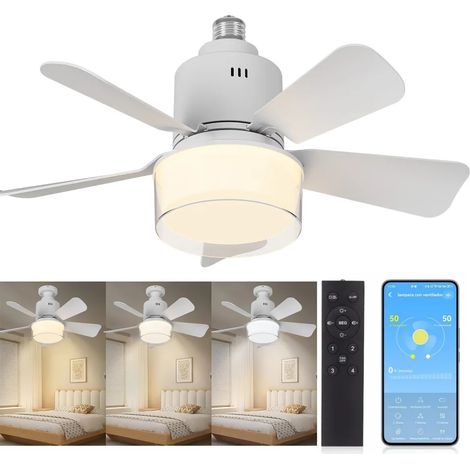 Ventilateur de plafond 52.5 cm – Lumière LED - E26 / E27 - 5 pales – Télécommande - 4 vitesses - avec tige d'extension de 9,5 cm - Blanc (1/5)