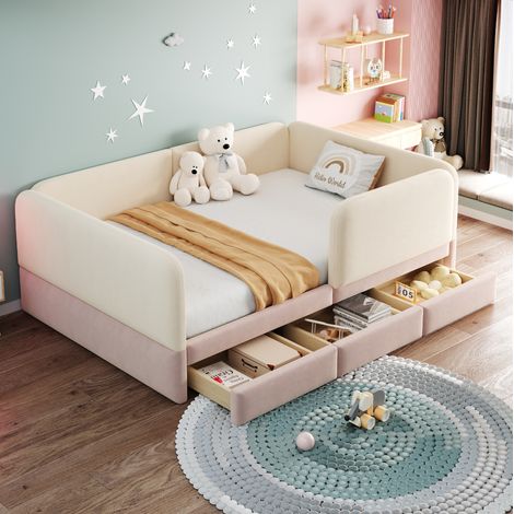 Letto contenitore per bambini 140x200 cm con 3 cassetti, bordo imbottito di sicurezza, velluto beige e rosa (1/5)