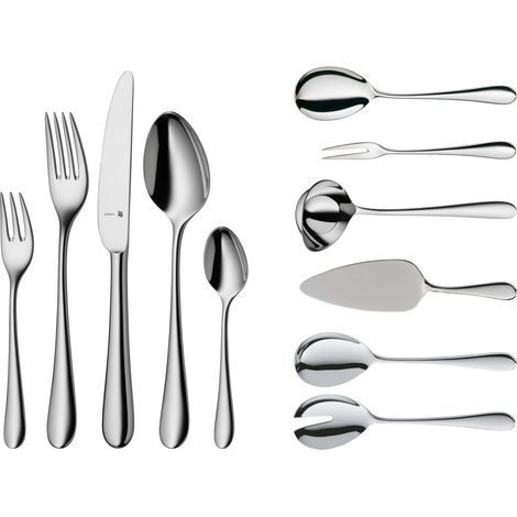 WMF Merit set posate 12 persone in Acciaio Inox 18/10 Cromargan, 66 pezzi, Servizio con 12 Forchette, 12 Coltelli, 12 Cucchiai, 12 Cucchiaini Caffè, 12 Forchettine Dolce, 6 Mestoli (1/5)