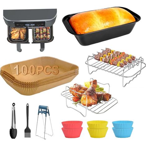 Double Basket Air Fryer Accessories, 13 Pieces Set for Ninja DZ201, DZ401, DZ550 and Other Dual Zone Air Fryer 8QT-10QT and Larger, Comes with Rack, Loaf Pan, Paper Liner, Silicone Brush, Cake Pan, et (1/4)