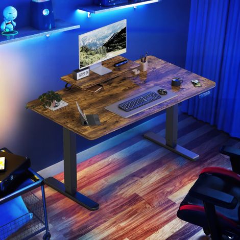 Devoko Bureau assis-debout électrique 120x60 cm, hauteur réglable 73-118 cm, 2 positions mémoire, étagère de rangement, Noyer