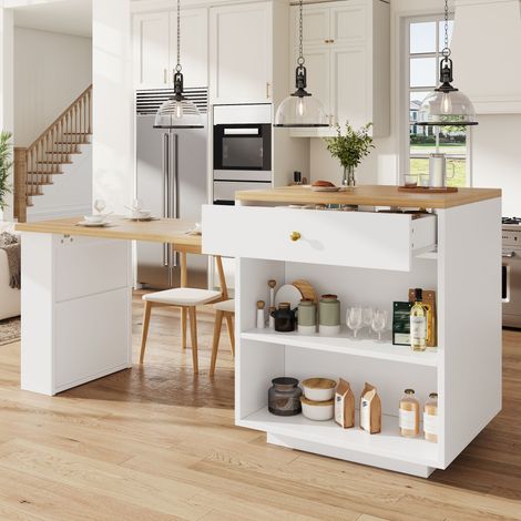 DESMIU Desserte de Cuisine avec 2 tiroirs, niches ouvertes, range-bouteilles et tablette extensible pour cuisine 122.5 × 70 × 93.8 cm (1/5)