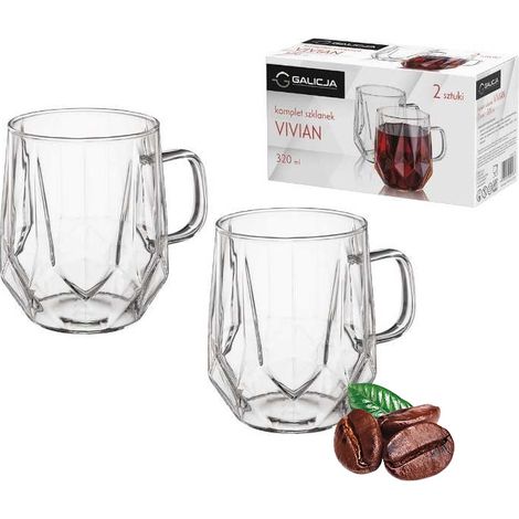 Set di bicchieri Vivian da 320 ml, 2 pezzi in vetro borosilicato per caffè o tè, con motivo geometrico in rilievo che imita il cristallo. (1/3)