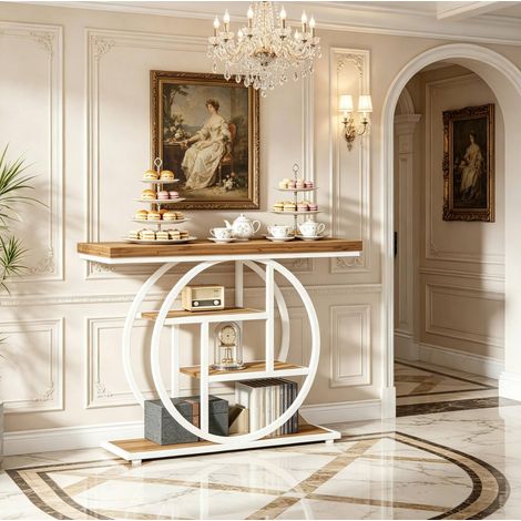 Tavolo consolle in legno e metallo marrone+bianco 105 cm, 4 ripiani, stile industriale (1/5)