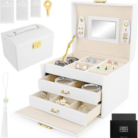 Boîte à Bijoux 3 Niveaux, Boîte à Bijoux de Voyage Boite a Bijoux Femme avec Miroir, Boîtes à Bijoux Portable pour Bagues, Boucles, Colliers (1/5)