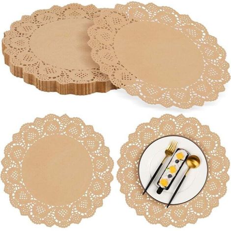 100pcs 34cm Round Brown Kraft Paper Placemats, Lace Placemats, Disposable Placemats, Suitable for Food, Cake, Craft, Party, Wedding and (1/4)