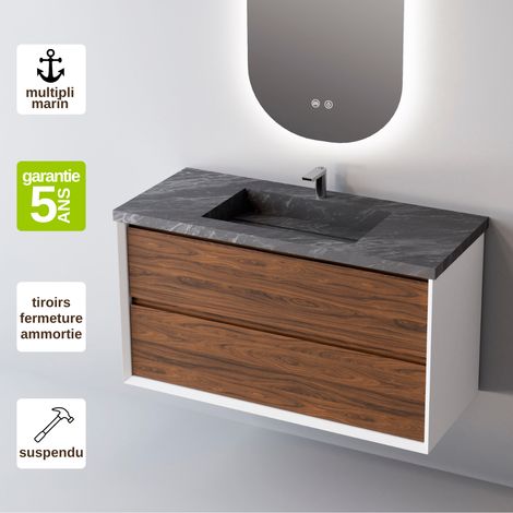 Meuble de salle de bain plan vasque Grès Cérame Noir Allure, 2 Tiroirs,l60xh54xp45, Laqué Blanc Mat/Blanc, COOL (1/5)