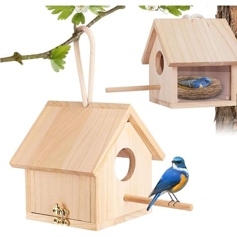 Nichoir à Oiseaux Suspendu En Bois, Cabane Nid Oiseau Canari Exterieur, Nichoir Mesange Vissé (1/5)