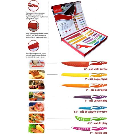Trade Shop Traesio – Set de 7 couteaux de cuisine en céramique colorée – Couteau de chef 20.5 cm – Couteau à pain 20.5 cm – Couteau à légumes 9 cm – Épluche-patates en acier