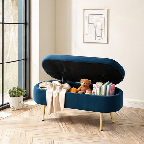 Banc de rangement en velours bleu avec coffre 20 L bois massif (1/5)