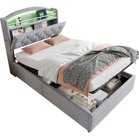 Lit Coffre Enfant 90x200 cm, Lit Simple en Velours avec LED RGB, 3 ports USB, 1 port Type-C et Rangement, Gris (1/5)