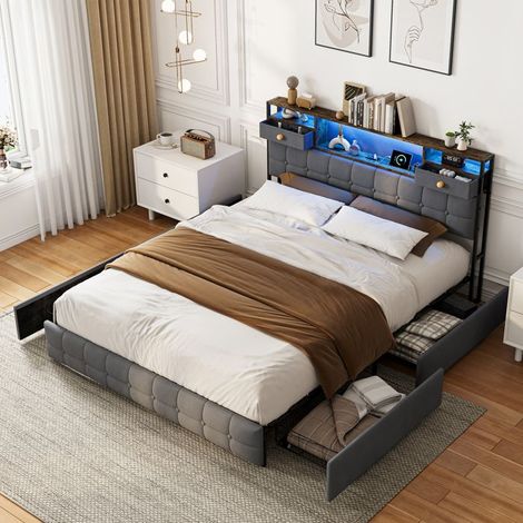 Doppelbett 160x200 cm mit Lattenrost, Bett 160x200 cm aus Metall, LED, Bett mit Stauraum 160x200 cm mit 4 Schubladen, für 2 Personen, Grau (1/5)