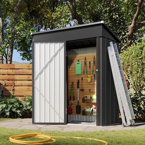 Aoxun Cobertizo de Jardín Metálico, Dimensiones 150 x 91 x 185 cm, Incluye Marco para el Suelo, Tejado a una Vertiente con Orificios de Ventilación y Puerta con Cerradura para Jardín y Patio, Color Ne (1/5)