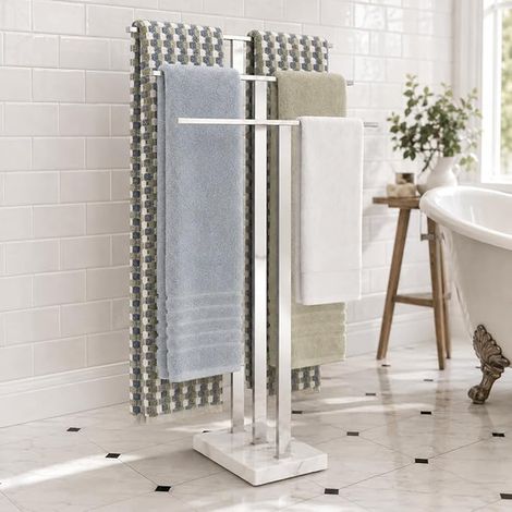 Porte-Serviettes sur Pied 3 Barres Salle de Bain Acier Inoxydable 18/8 Sèche Serviette Marbre Poli, BTH217S3 (1/5)