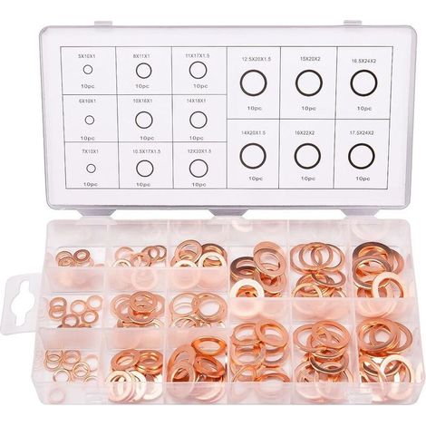 150pcs 15 Spécifications Joints Bague D'étanchéité, Rondelles En Cuivre Assortiment Kit, Cuivre Rondelles Joint bague d'étanchéité avec Boîte (1/5)