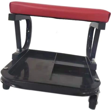 Tabouret roulant d'atelier avec plateau à outils, grande capacité, structure robuste, siège d'atelier confortable. (1/5)