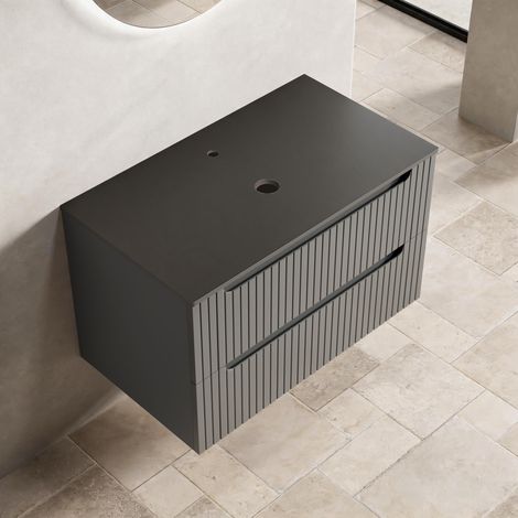 80cm Schwebender Badezimmer,Schwarze-Sintersteinplatte,Gestreifter Sperrholzschrank mit 2 Schubladen,Vormontiert, ohne Waschbecken,Dunkelgrau (1/4)