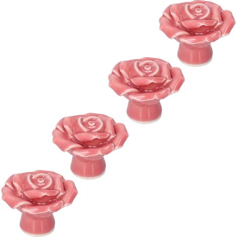 Lot de 4 poignées modernes en céramique en forme de rose pour meubles, salon ou chambre à coucher (rose) (1/5)