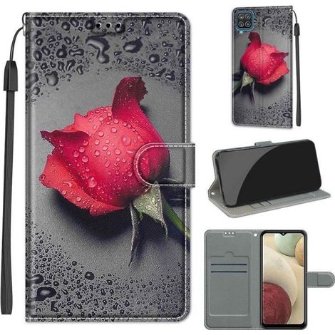 Coque pour Samsung Galaxy A12 Housse de Protection Cuir PU Portefeuille Etui à Rabat Magnétique Support Motif Rose Rouge (1/4)
