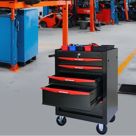 Carro de herramientas metálico con 5 cajones, 52,5 x 33 x 77,5 cm, acero negro y rojo (1/5)