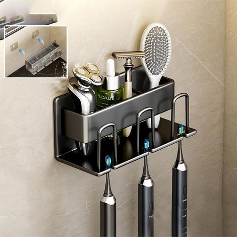 Wall-mounted toothbrush holder, suitable for cup holders and bathroom toothbrush holders (black, three pieces) (1/5)