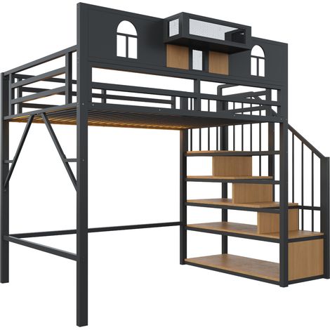 Letto a soppalco in metallo 90 x 200 cm nero con scala contenitore, ripiano e luce LED (1/5)