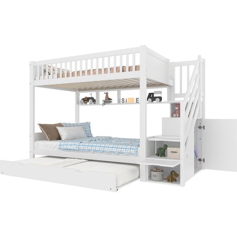Lit superposé 90x200 cm blanc avec lit gigogne, armoire, étagère et rangement intégré pour chambre enfant, gain de place et couchage d'appoint  CHICFURN (1/5)