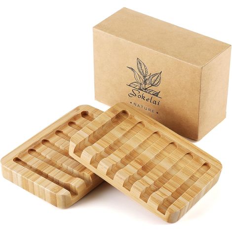 Set aus 2 selbstentleerenden, wasserfallförmigen Seifenschalen aus Bambus für Dusche und Küche